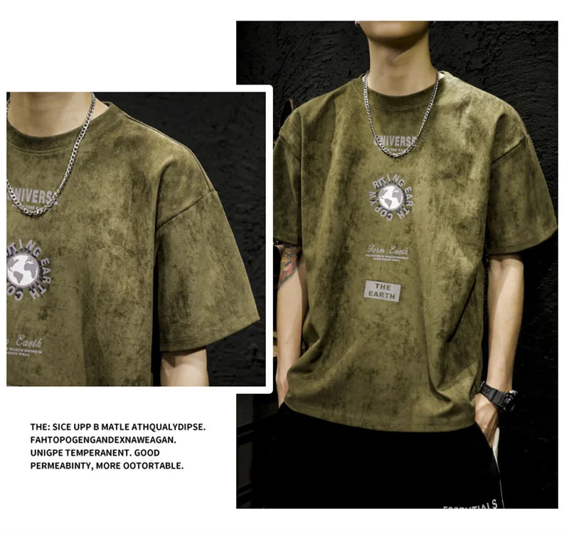 Summer Graphic Printed Suede Short Sleeve T-shirt For Men 2024 New Y2K Streetwear Oversized Tee Shirts Hip Hop O-Neck Tops