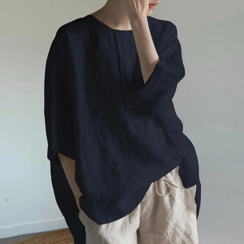 Womens Oversized Pullover O-neck Mid-Length Back Split Hem Summer Shirt Solid Color Half Sleeve Pullover Blouse Female Clothing