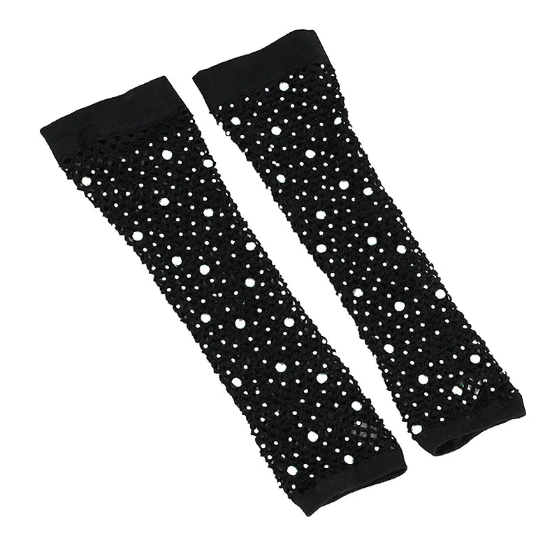 1pair Neon Fishnet Fingerless Long Gloves Rhinestone Arm Cuff Party Wear Fancy Dress For Womens Sexy Punk Goth Dance Mesh Gloves