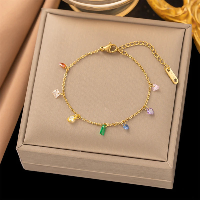 316L Stainless Steel New Fashion Fine Jewelry Colorful Zircons Different Shapes Charm Chain Necklaces Bracelets Anklet For Women