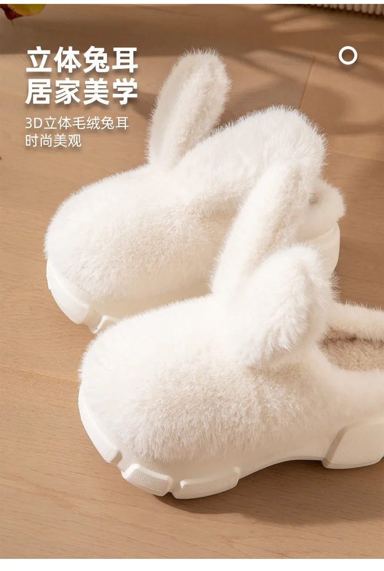 8 cm High platform fur slippers women's winter fluffy ear home shoes woman white bunny rabbit slippers woman house clog shoes