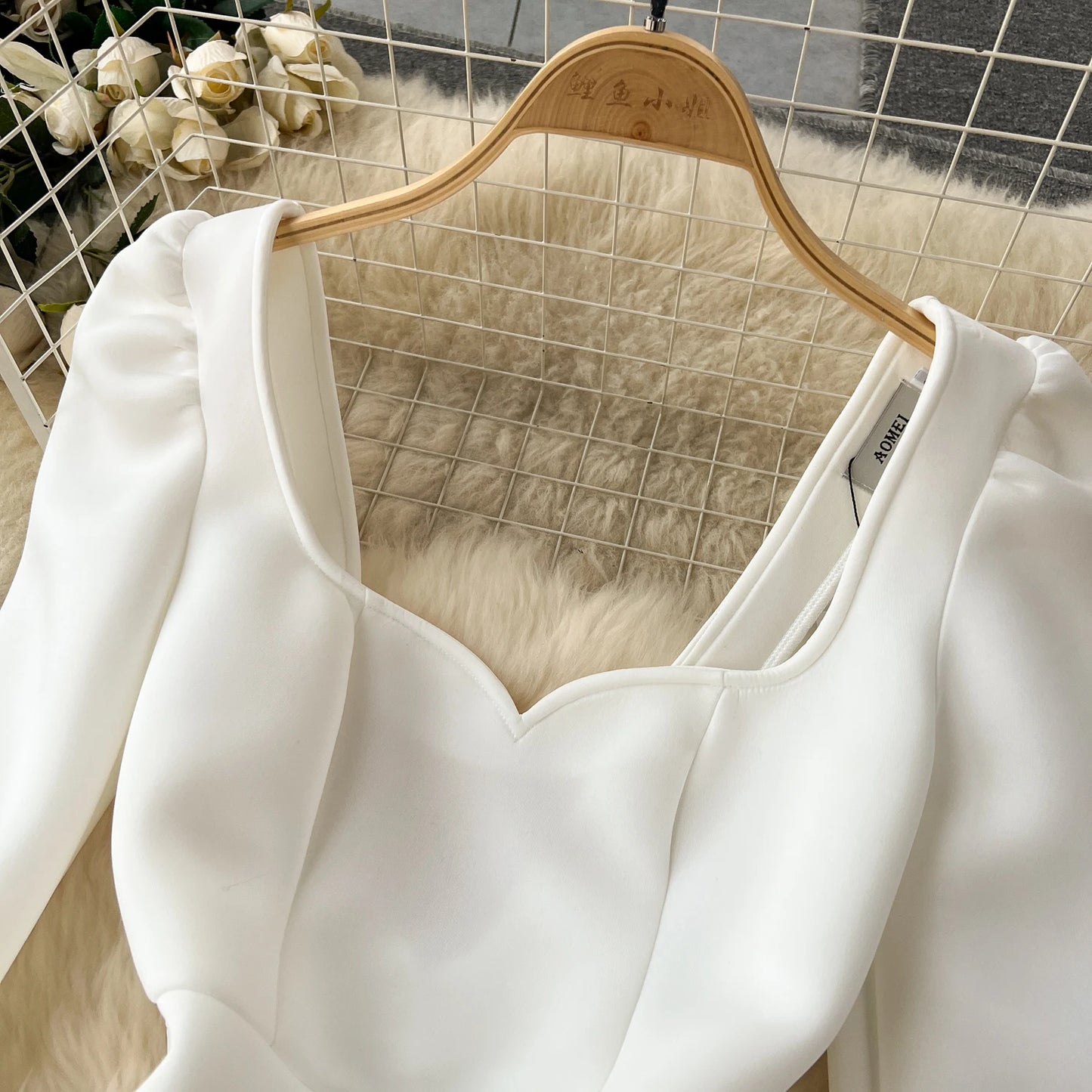 XFPV Female Dress Square Collar Solid Puff Sleeve Backless Bow High Waist Elegant Fashion Vestidos Spring Autumn2024 SM9457