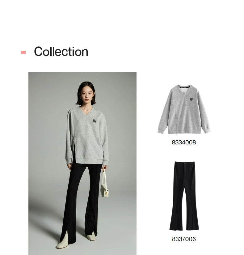 Toyouth Women Sweatshirts 2024 Autumn Long Sleeve V Neck Loose Hoodie Unique Zippered Split Hem Casual Chic Pullover Tops