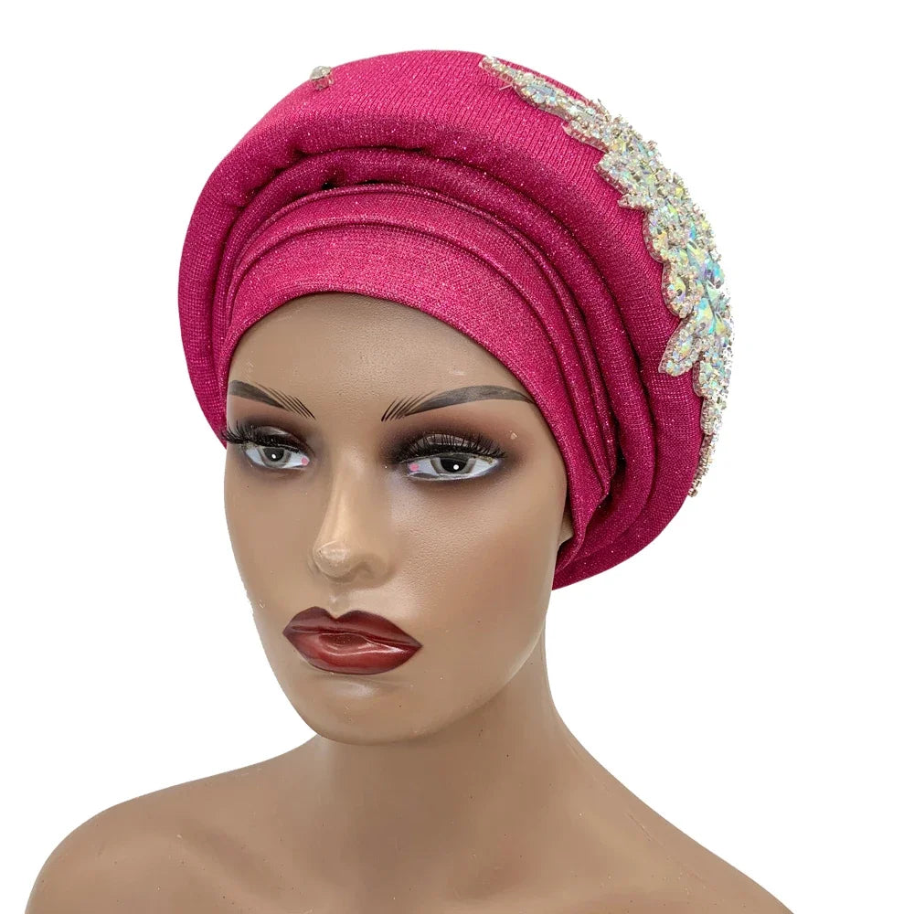 African Wrap Head Headgear Nigeria Auto Gele Headtie Turbante Mujer Luxury Rhinestone Turban Hat for Women Glitter