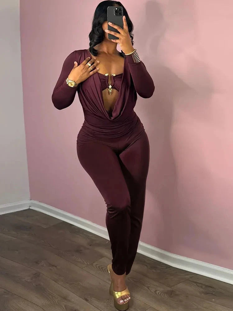 Weird Puss Swing Collar Jumpsuits Women Fashion Metal Decoration Full Sleeve Sexy Hollow Slim Peach Hip Street Midnight Clubwear Viralgem Store