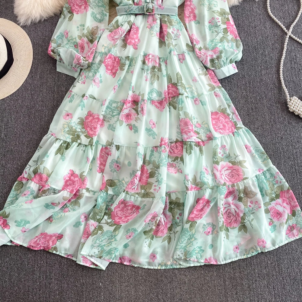 Spring Autumn Women Floral Chiffon Long Dress Vintage Purple/Pink/Black/Beige Stand Collar Single Breasted Maxi Robe Elegant New Viralgem Store