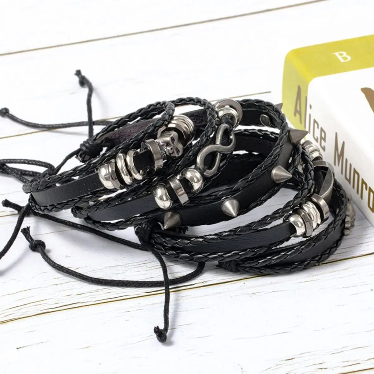 5pcs Metal Diy Braided Punk Style Bracelet Set, Featuring Pu Leather And Beads