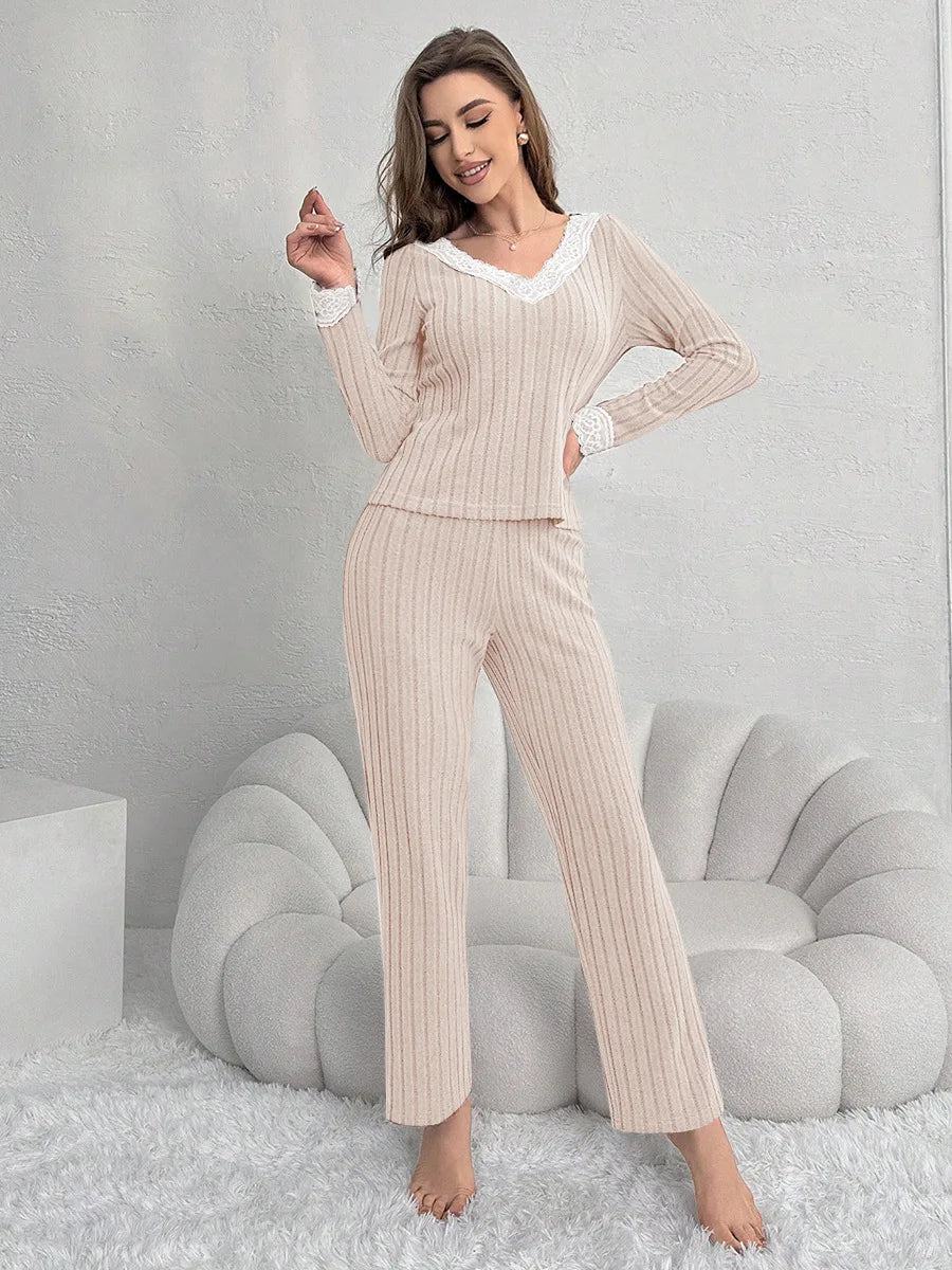 Women's Pajama Set Solid Pit Strip Sleepwear Lace V-neck Long Sleeves Tops Trousers Suit Elegant Casual Home Loungewear Nighties