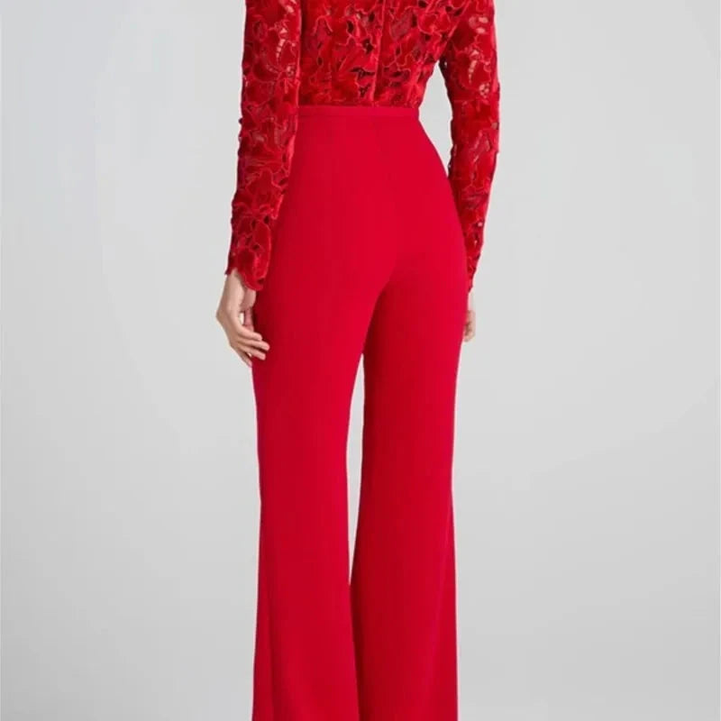 Embroidery Lace Red Jumpsuits Women Sexy Slim Long-sleeved Belt High Waist Jumpsuit Female 2025 Casual Lady Party Rompers Viralgem Store