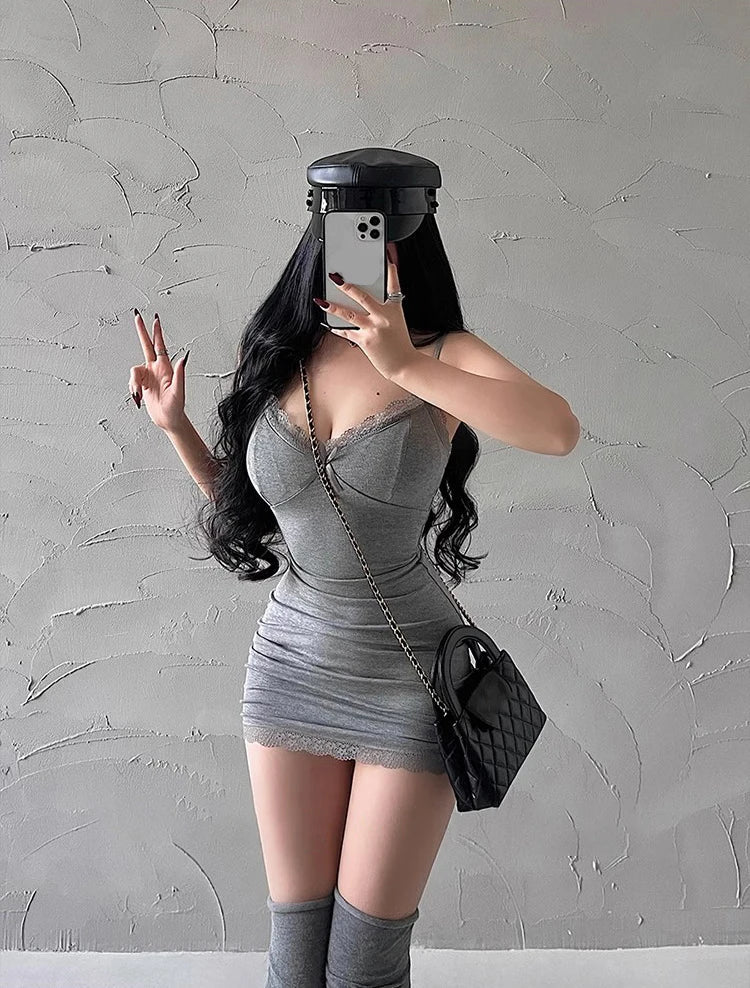 Y2K Retro Lace Patchwork Spaghetti Strap Black Bodycon Dress Mini Fashion Aesthetic Bow Club Party Sexy Dresses for Women Viralgem Store