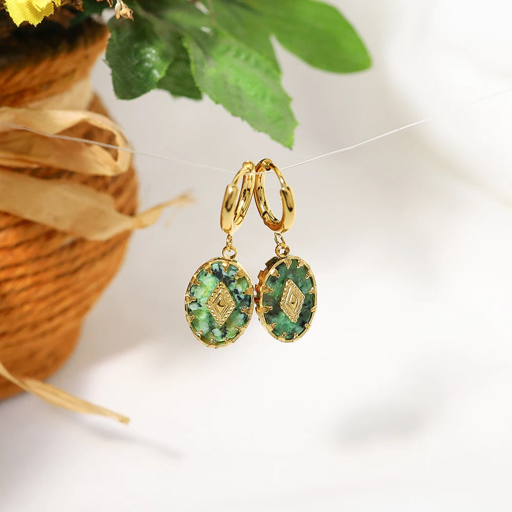 WILD & FREE 18K Gold Plated Natural Stone Stainless Steel Drop Earrings for Women Green African Turquoise Charm Vintage Jewelry