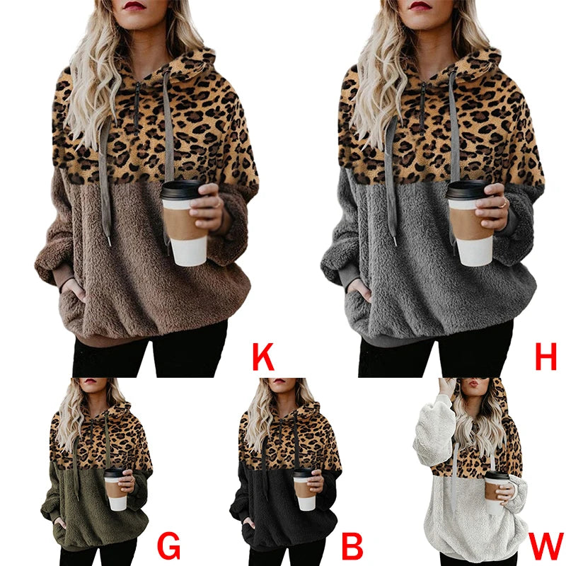Women's Sweatshirt Autumn Winter American Style Leopard Montage Pocket Zipper Lint Thermal Hooded Sweatshirt