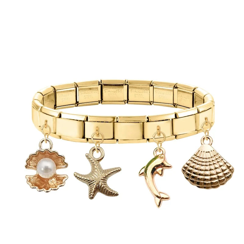 Vintage Golden Sea Shell Conch Starfish Dolphin Turtles Pendant Bead Fit 9mm Italian Charm Bracelet Stainless Steel DIY Making