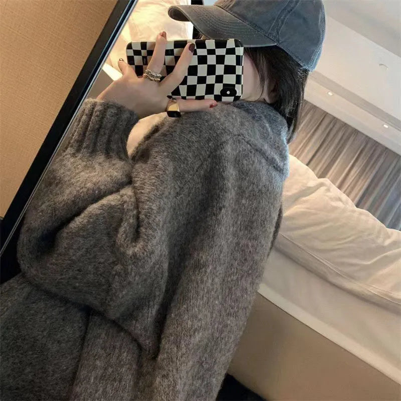 Zoki Autumn Winter Thicken Warm Women Cardigan Sweater Korean Lazy Wind Soft All Match Cardigans Tops Solid Loose Knitted Coats