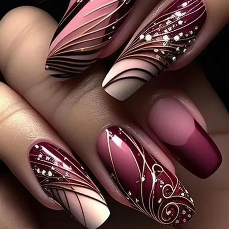 24Pcs Ladder-shaped Ballet False Nails with Glue Stripe Floral Nail Art Ombre French Press on Acrylic Nail Tips for Spice Girls