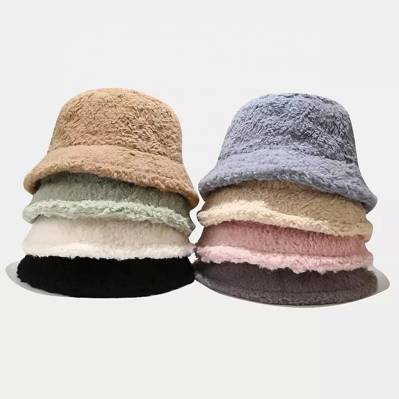 Thicken Autumn Winter Warm Plush Panama Casual Hats for Women Soft Faux Rabbit Fur Bucket Hat Solid Ladies Fisherman Caps Bonnet