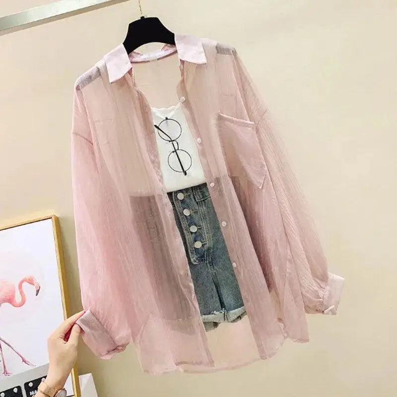 Summer Sunscreen Shirt Elegant Perspective Thin Chiffon Blouse Korean Harajuku See Through Loose Top Casual Women's Cardigan Freshlook Styles