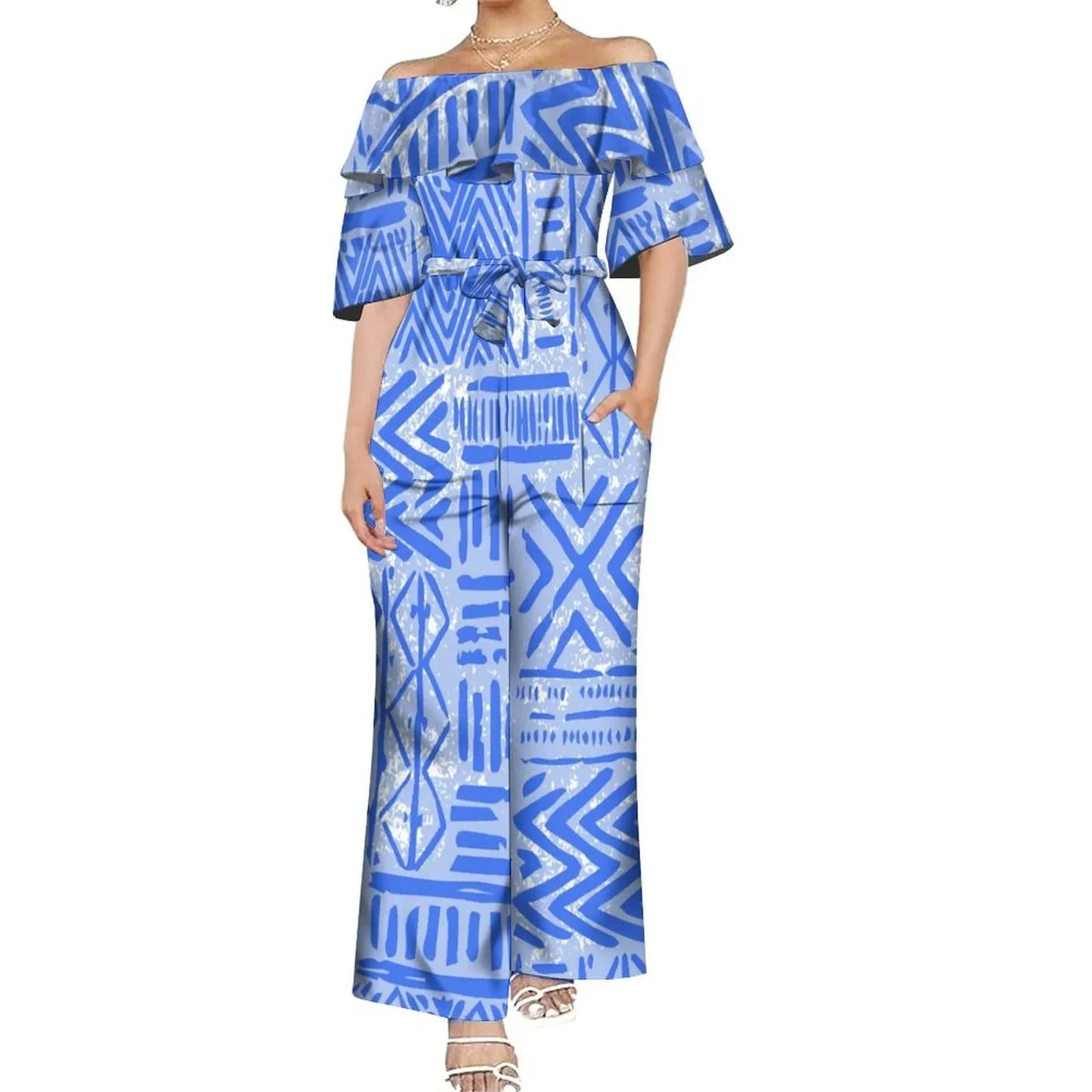 Drop Shipping Custom Polynesian Off Shoulder Frill Women One Piece Rompers Lace Up Oversized Jumpsuit With Belts Viralgem Store