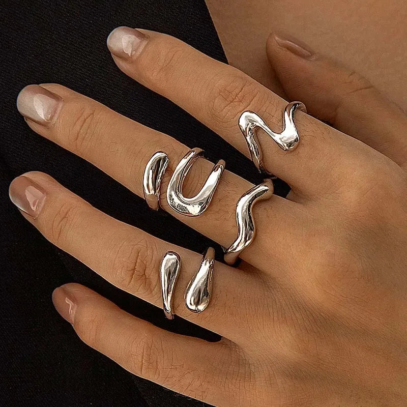 4Pcs/Set Fashion Silver Color Irregular Geometric Open Rings For Women Men Punk Metal Adjustable Knuckle Joint Ring Jewelry Gift