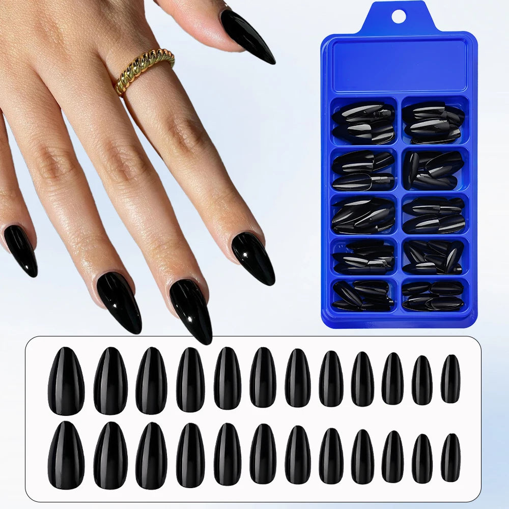 100Pcs Almond Press on Nails Medium Length Fake Nails Black Matte Almond False Nail Tips Artificial Fingernail Extend Fake Nails