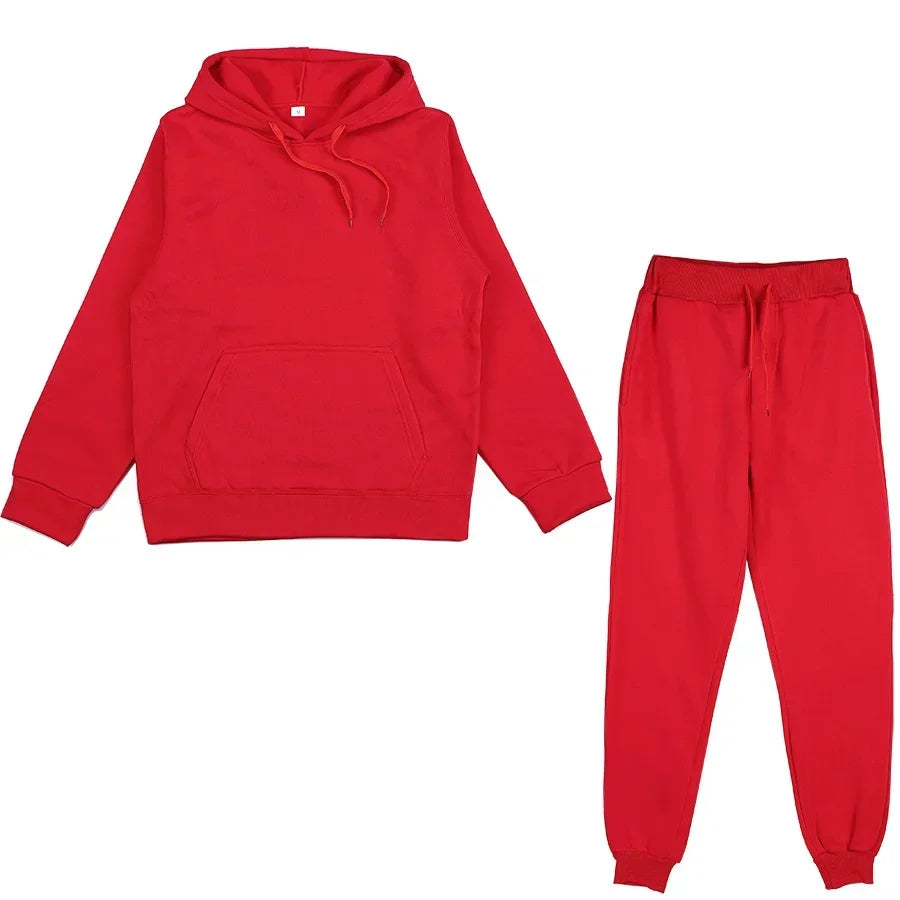Women Tracksuit Solid Color Hooded Sport Suits Men Spring Warm Hoodies Casual Long Sleeve Sweatshirts Trousers Two Piece Sets