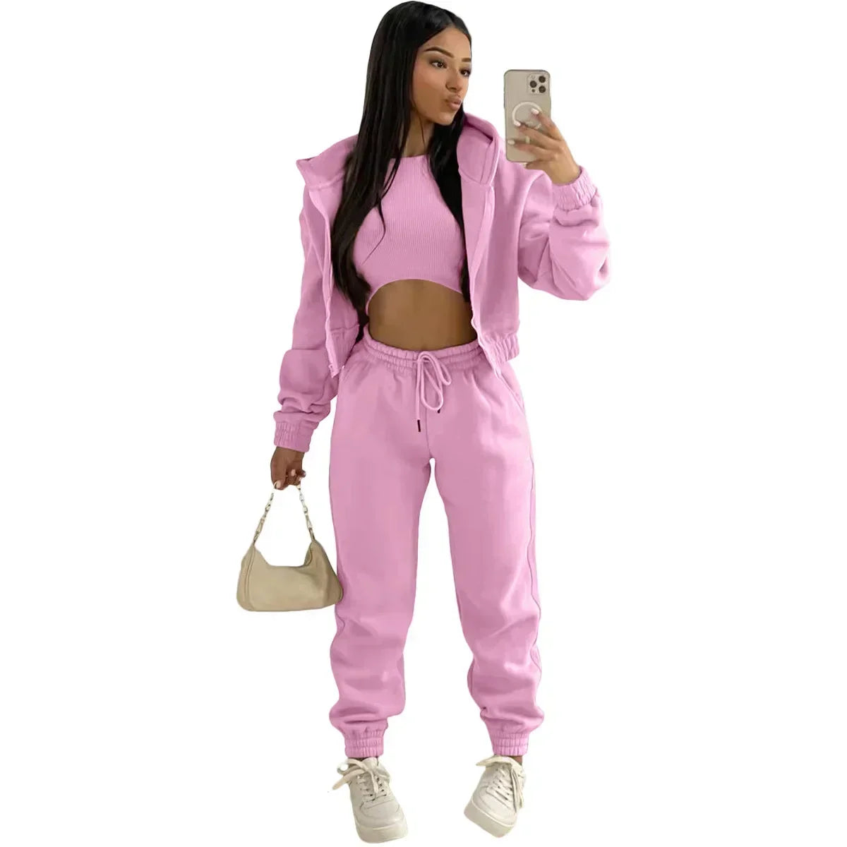 3pcs Women's Clothing Set Fleece-lined Hooded Sweater &Sleeveless Tank Top & Sports Sweatpants Pants Viralgem Store