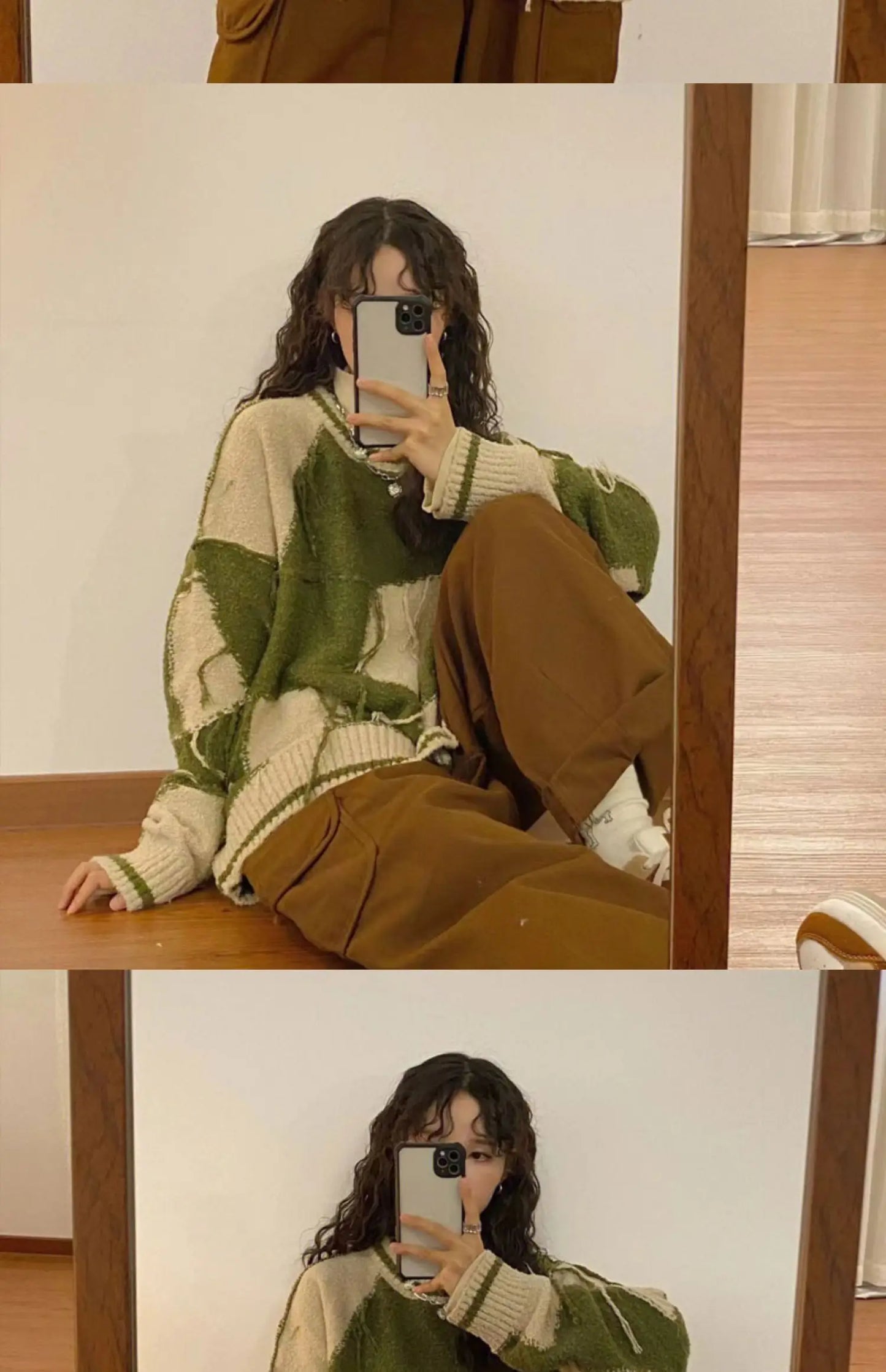 Women's Green Gothic Y2k Two-tone Knitted Sweater Harajuku Korean Y2k Long Sleeves Jumper Sweaters Vintage 2000s Clothes Autumn