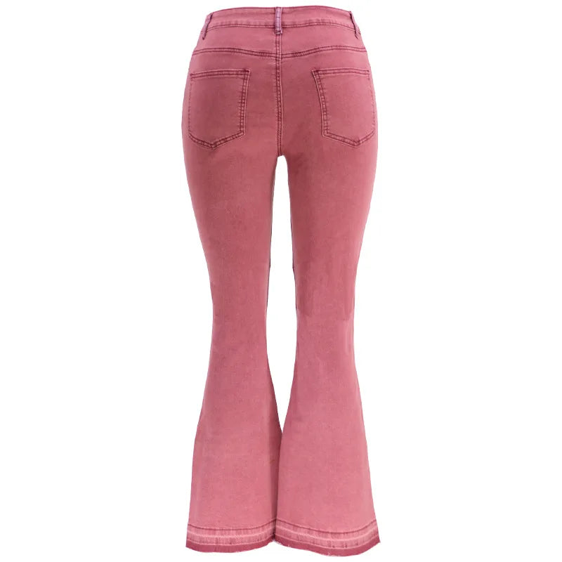 Women Flare Jeans Casual Pants Pannelled Collision Fashional High Waist Fit Female High Quality 91Y35