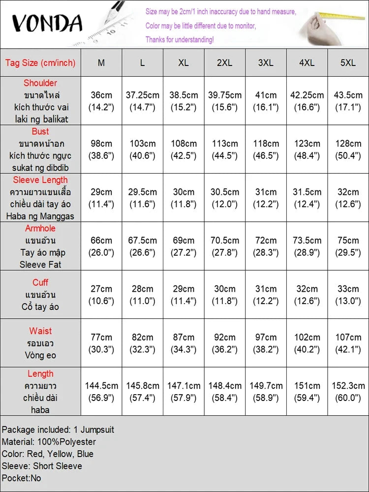 VONDA Women Jumpsuits Short Puff Sleeve Bohemian Print Playsuits 2025 Stand Collar High Waist Overalls Oversized Viralgem Store