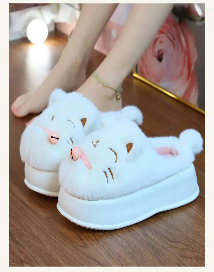 8 cm High platform fur slippers women's winter fluffy ear home shoes woman white bunny rabbit slippers woman house clog shoes