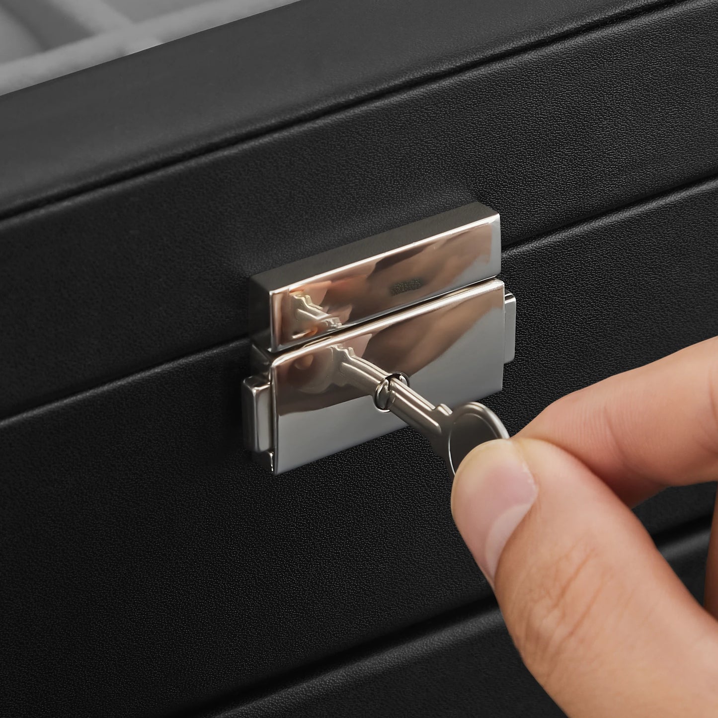 20-Slot Watch Organizer Case, Watch Case with Glass Lid, 2 Layers, Lockable Watch Display Case, Black Synthetic Leather, Gray