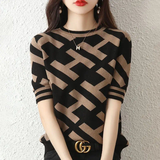 Spring Summer Knitted Top Classical Letter T-Shirt Short Sleeve Tee Korean Fashion Woman Blouse 2024 Cheap Women's Clothing Chic