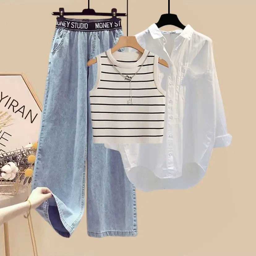 Women Summer New White Sunscreen Shirt Top+Striped Vest+Wide Leg Jeans 3 Piece Suit 2024 Korean Elegant Denim Pants Matching Set Viralgem Store