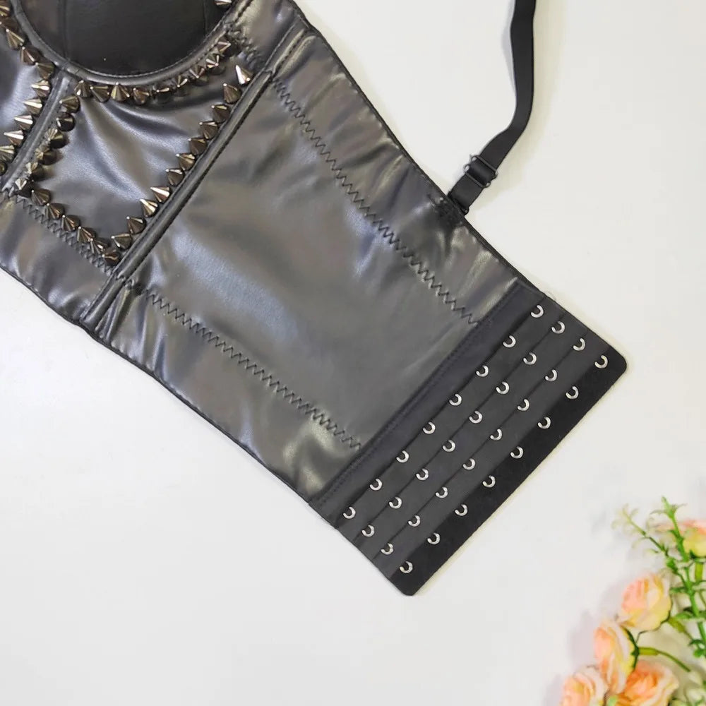 SXTHAENOO New Women Black PU Leather Corset Top Crop Bustier Bra Push Up Bodice Sexy Lingerie With Chest Pad Party Short Clothes