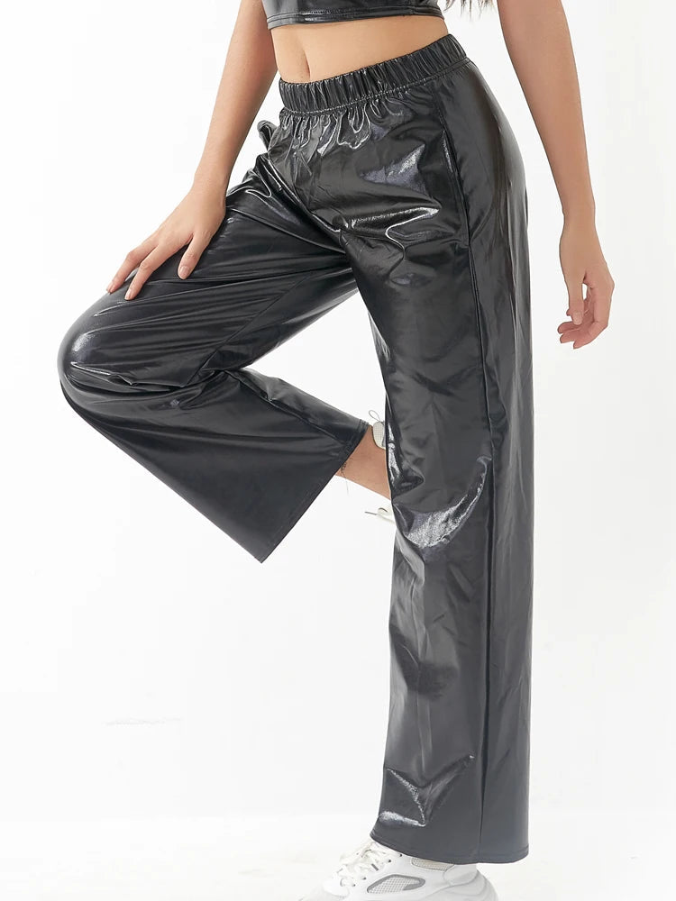Women Adult Shiny Straight Leg Pants Casual High Waist Metallic Pants Super Long Holographic Pants Disco Bottoms Viralgem Store