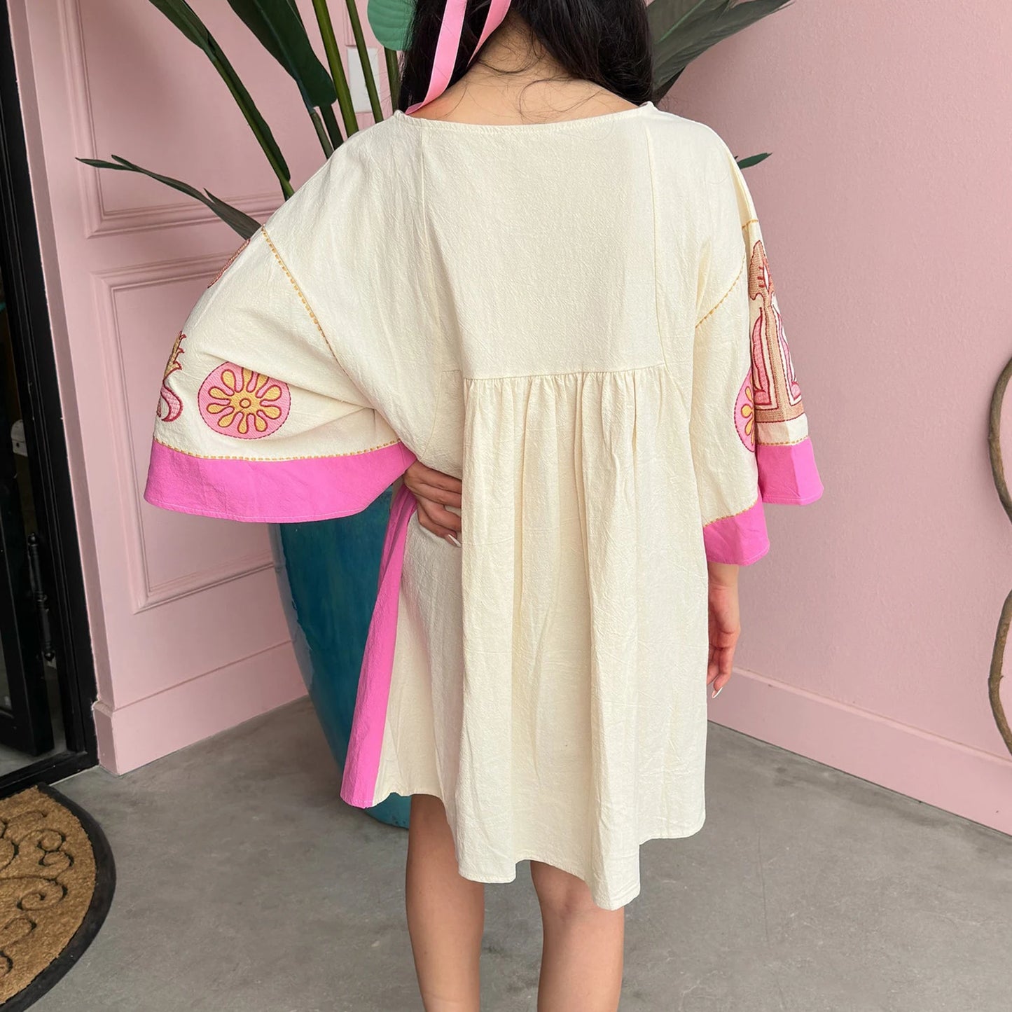 Women's Floral Print Dress Summer Half Sleeves V-Neck Loose Fit Short Dress Relaxed Fit Comfort Beach Dress