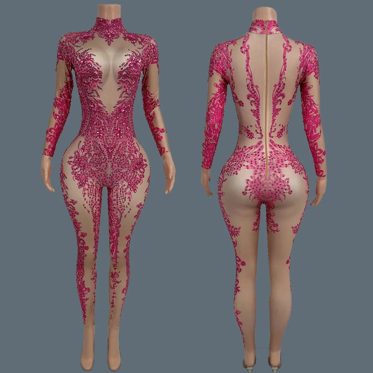 Sparkly Rhinestone Print Spandex Elastic Bodycon Jumpsuit Nightclub Party Stage Club Show Costume  Dance Skinny Wear Xiaotaohong Viralgem Store