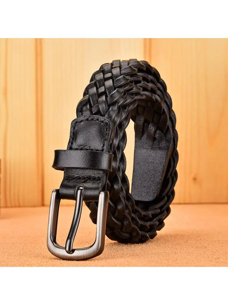 2023 Women Casual Luxury New Style Width 2.5cm  Woven Belt Needle Buckle Real Leather Head Layer Cowhide Handmade Decorative