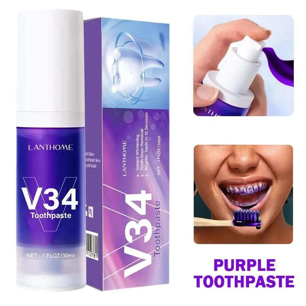 V34 Purple Teeth Whitening Toothpaste Remove Plaque Stains Cleaning Oral Hygiene Dental Bleach Tools Fresh Breath Beauty Health