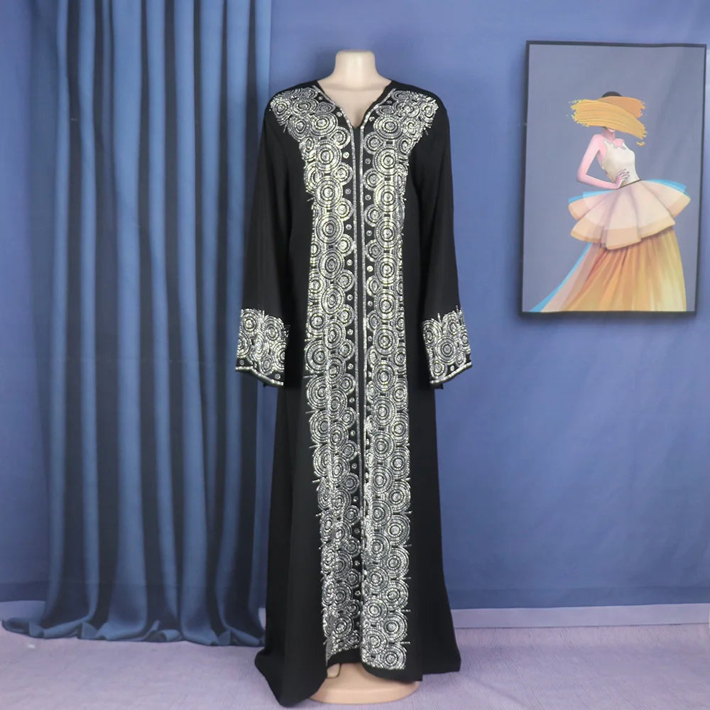 Africa women's dress luxury robe dress loose fashion V-neck diamond long sleeve Viralgem Store
