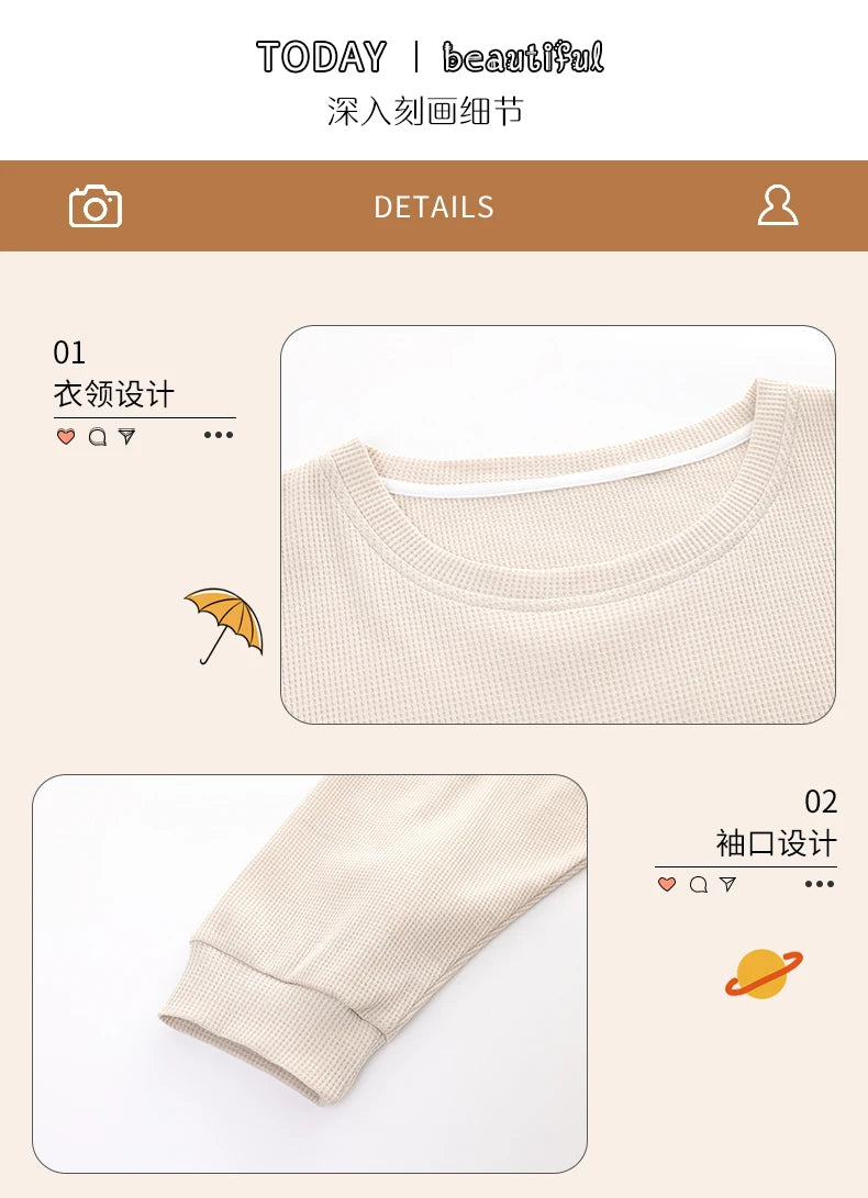 SUKAE Waffle Cotton Korean Minimalist Style Women Pajamas Spring Autumn Long Sleeves Lady Sleepwear Kawaii Round Neck Homesuits