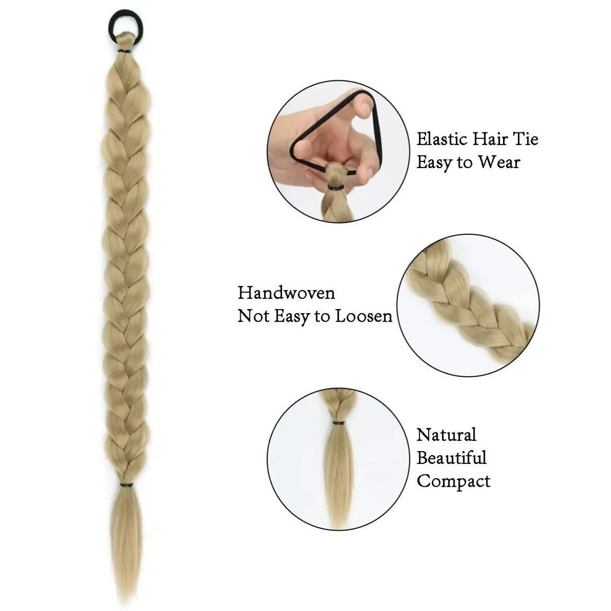 24 Inch Long Black Synthetic Braided Ponytail Hair Extension with Rubber Band for Women Hair Accessories Boxing Braids