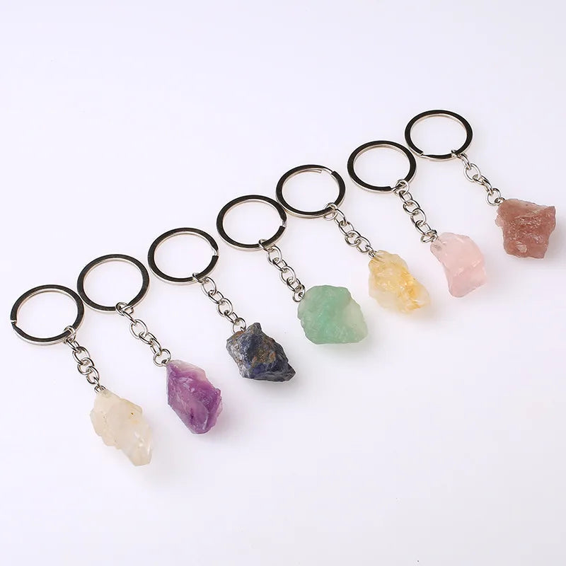 20pcs Natural Rough Raw Stone Crystal Quartzs Keychain Women Men Handbag Hangle Car Key Holder Raw Mineral Stone KeyRing Jewelry Viralgem Store