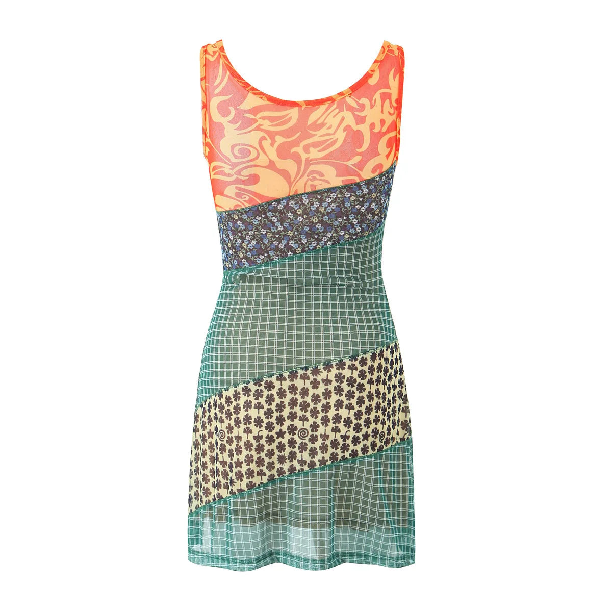 2024 Sexy Ruched Square Collar Contrast Color Plaid Flower Print Sleeveless Mini Mesh Dress Women Packages Hips A-line Tank Robe
