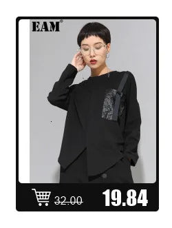 [EAM] Loose Fit Black Denim Big Size Sweatshirt New High Collar Long Sleeve Women Big Size Fashion Spring Autumn 2024 1K166