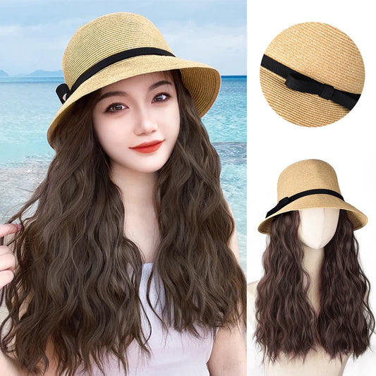 Synthetic Wig Hat One Female Summer New Braided Fisherman's Hat Ripple Full Head Fashion Sunshade Lafite Hat