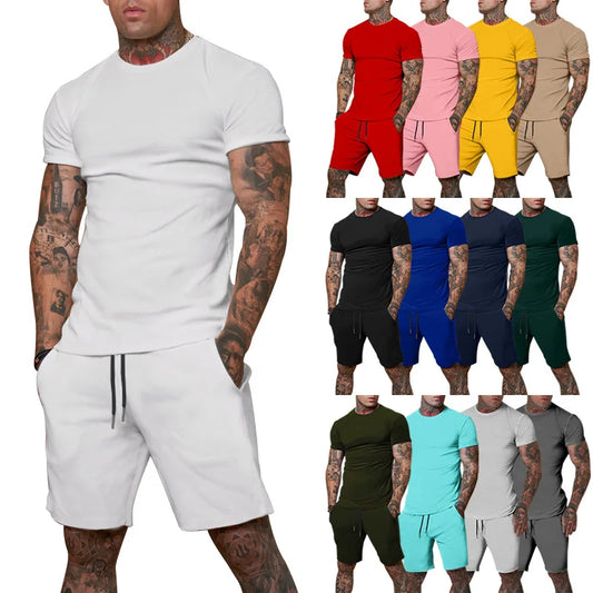 Summer men's Clothing Two Pieces Sets Mens Casual Tracksuit Men Print short sleeve Sets mens t-shirt+shorts Fitness Sportswear