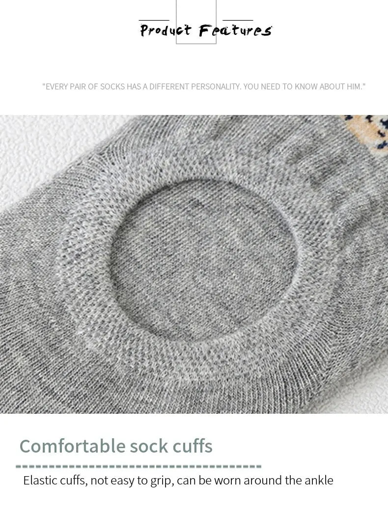 5 Pairs of Super Cute Bear Embroidered Cartoon Bear Boat Socks, Soft and Comfortable, Sweat Wicking and Versatile Short Socks