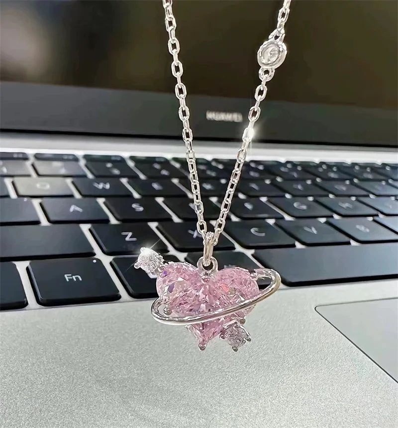 Y2K Pink Planet Heart Zircon Pendant Necklaces Women Fashion Aesthetic Clavicle Chain Necklace Valentines Day Gift Party Jewelry Viralgem Store
