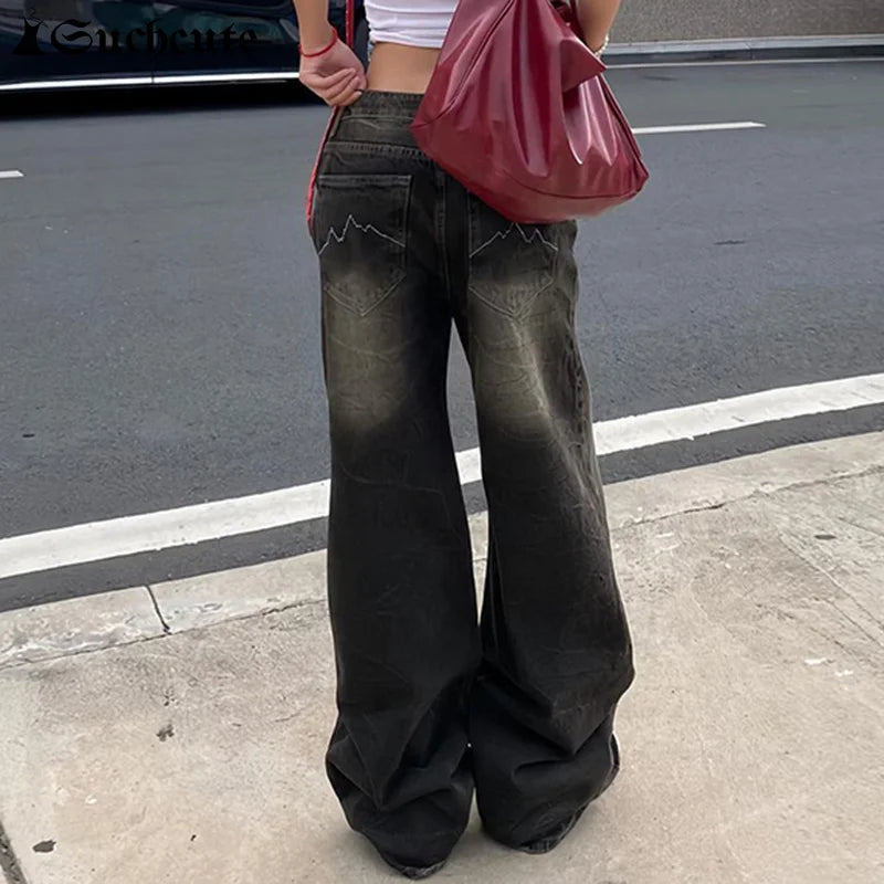 SUCHCUTE Low Waist Jeans for Women Goth Y2k Style Baggy Jeans Punk New Jeans Wide Leg Denim Pants Kpop Casual Loose Streetwear